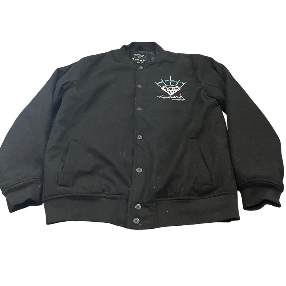 Diamond Supply Co Bomber Jacket Mens L Black Quilted Embroidered Varsityβ Snap